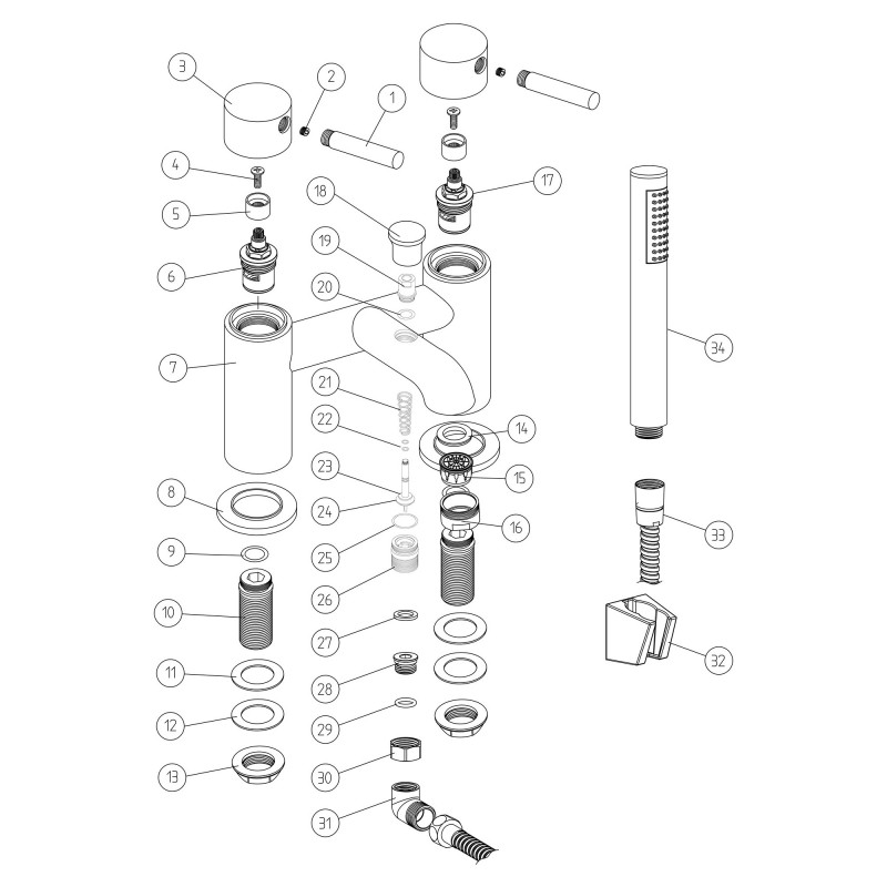 Winx Bath/Shower Mixer & Bracket - Brushed Bronze - Technical Drawing