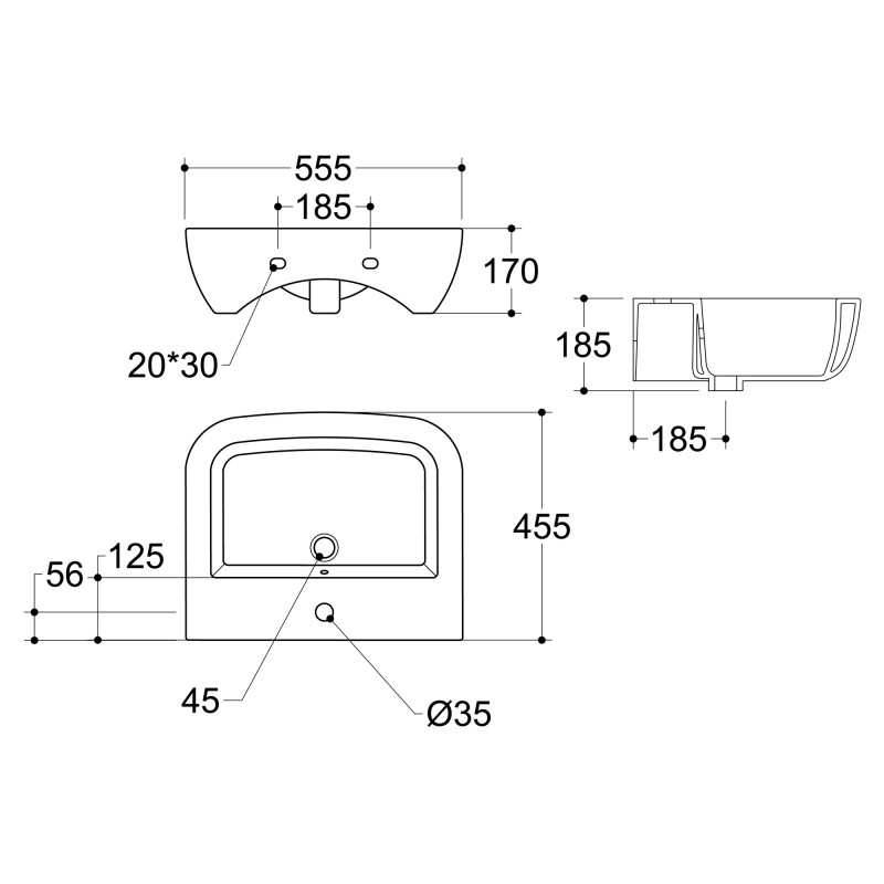 Parma 450x320mm 1TH Cloakroom Basin & Brushed Bronze Bottle Trap - Technical Drawing