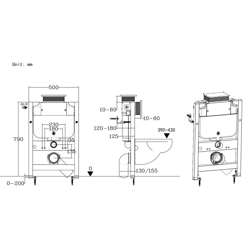 Low Height Toilet Frame (inc. Cistern) - Technical Drawing