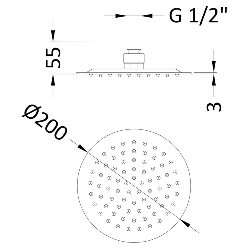 Round 200mm Diameter Fixed Brushed Bronze Shower Head - Technical Drawing