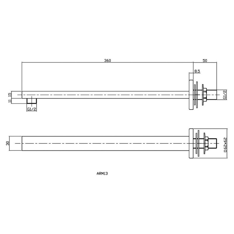 Brushed Bronze Small Rectangular Shower Arm - Technical Drawing