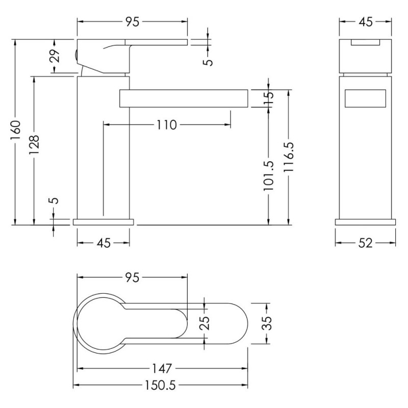 Arvan Brushed Bronze Mono Basin Mixer with Push Button Waste - Technical Drawing