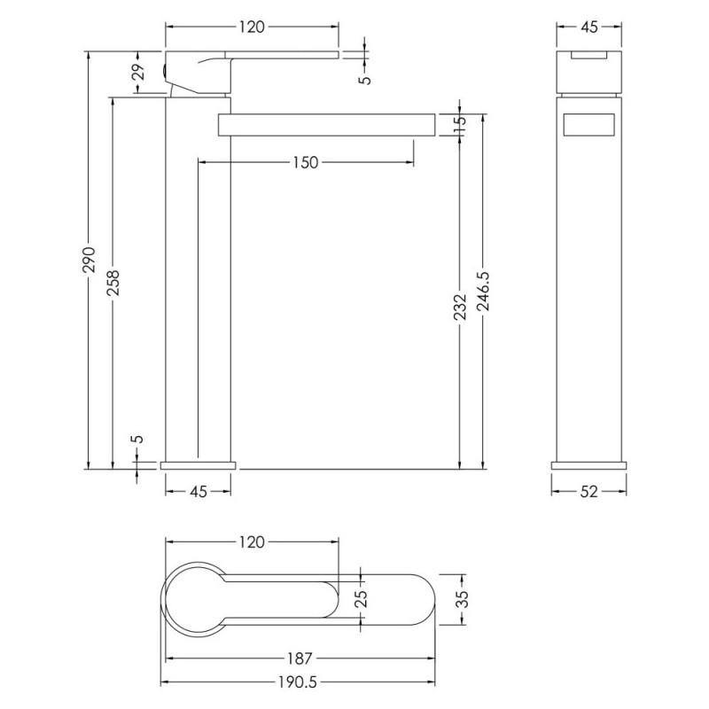 Arvan Brushed Bronze High Rise Mono Basin Mixer - Technical Drawing