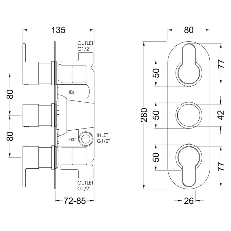 Arvan Brushed Bronze Triple Thermostatic Valve - Technical Drawing