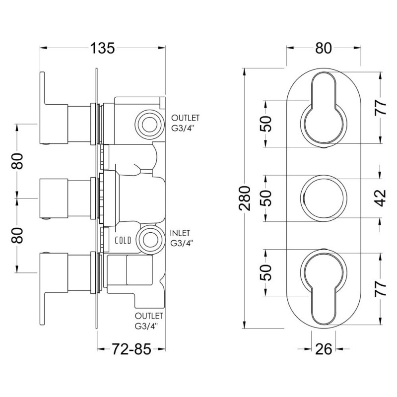 Arvan Brushed Bronze Triple Thermostatic Valve with Diverter - Technical Drawing