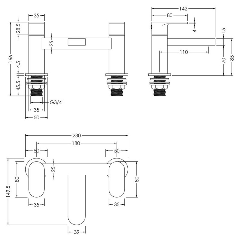 Binsey Brushed Bronze Deck Mounted Bath Filler - Technical Drawing