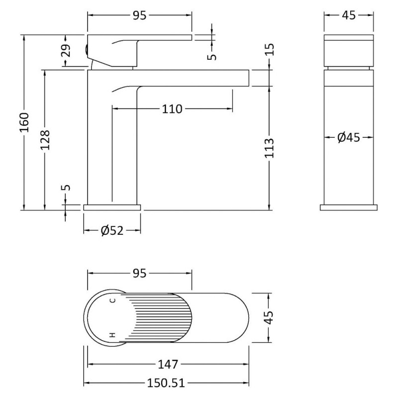 Cyprus Brushed Bronze Fluted Mono Basin Mixer with Push Button Waste - Technical Drawing