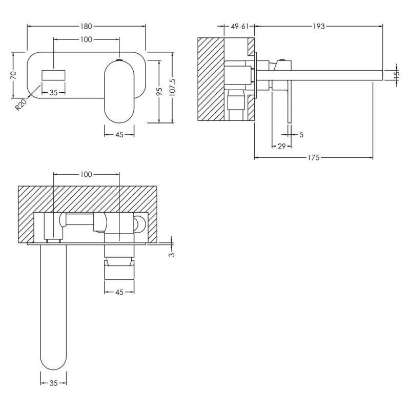 Binsey Brushed Bronze Wall Mounted 2 Tap Hole Basin Mixer With Plate - Technical Drawing