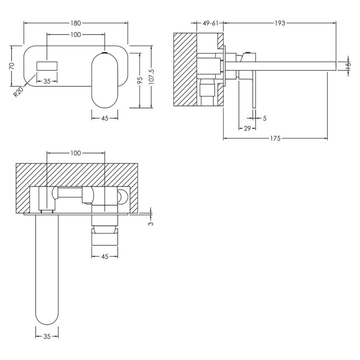 Binsey Brushed Bronze Wall Mounted 2 Tap Hole Basin Mixer With Plate - Technical Drawing