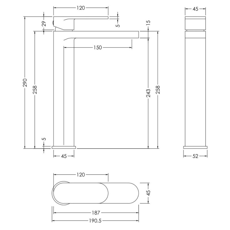 Binsey Brushed Bronze High Rise Mono Basin Mixer - Technical Drawing