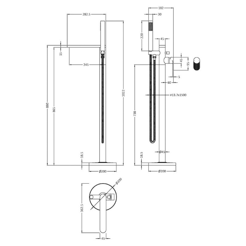 Cyprus Chrome Freestanding Bath Shower Mixer with Kit - Technical Drawing