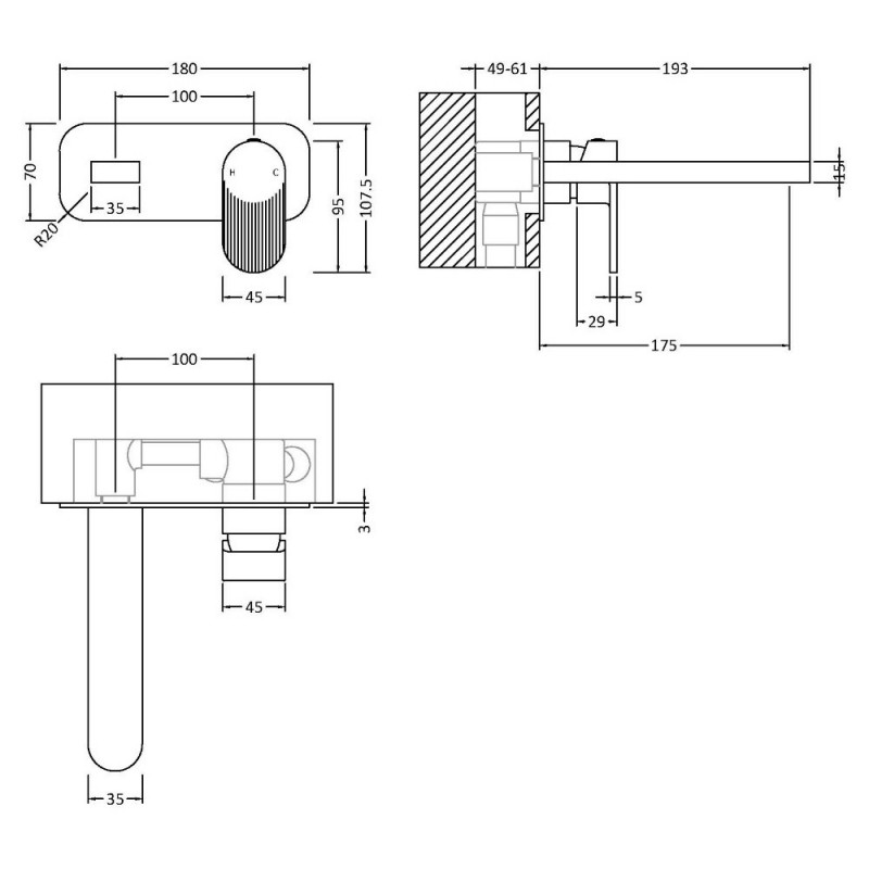 Cyprus Chrome Wall Mounted 2 Tap Hole Basin Mixer With Plate - Technical Drawing