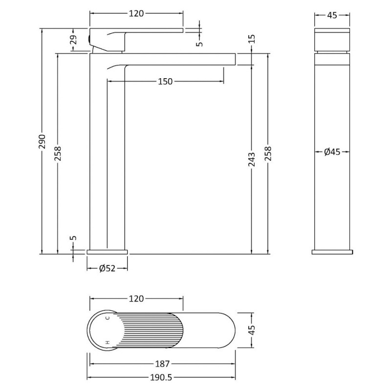 Cyprus Chrome High Rise Mono Basin Mixer - Technical Drawing