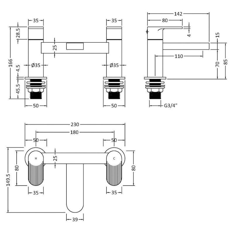 Cyprus Matt Black Deck Mounted Bath Filler - Technical Drawing