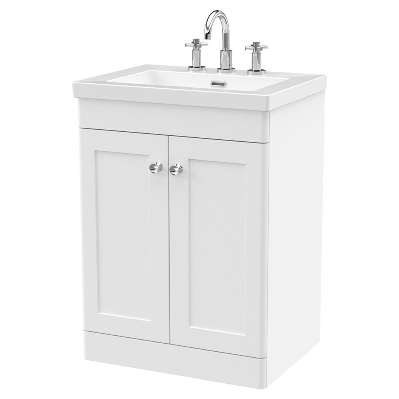 Classique 600mm Freestanding 2 Door Vanity with Basin - 3 Tap Hole - Satin White