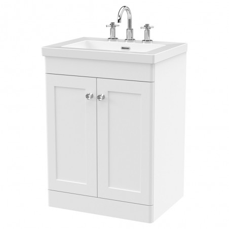 Classique 600mm Freestanding 2 Door Vanity with Basin - 3 Tap Hole - Satin White