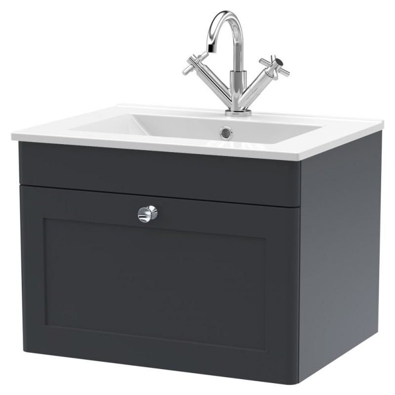 Classique 600mm Wall Hung 1 Drawer Vanity with Basin - 1 Tap Hole - Soft Black