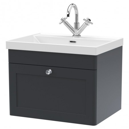 Classique 600mm Wall Hung 1 Drawer Vanity with Basin - 1 Tap Hole - Soft Black