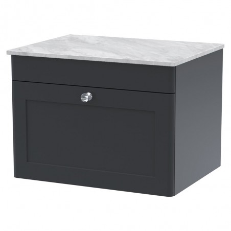 Classique 600mm Wall Hung 1 Drawer Vanity with Marble Top - Soft Black