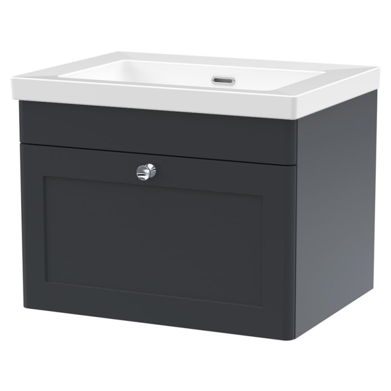 Classique 600mm Wall Hung 1 Drawer Vanity with Basin - 0 Tap Hole - Soft Black