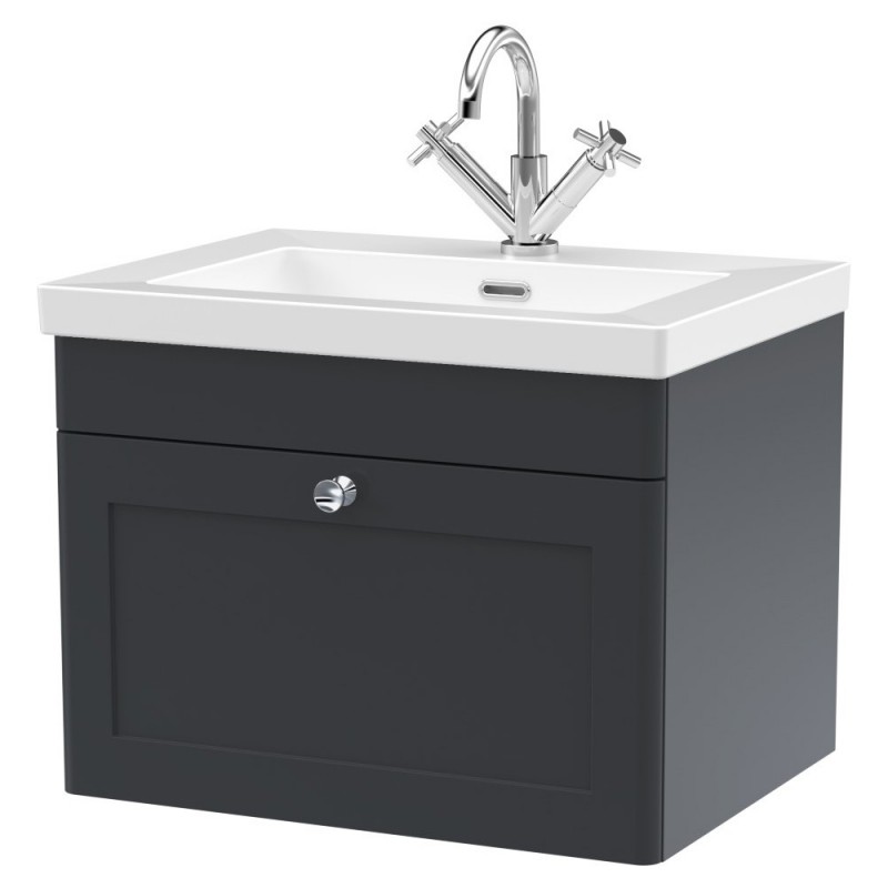 Classique 600mm Wall Hung 1 Drawer Vanity with Basin - 1 Tap Hole - Soft Black