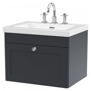 Classique 600mm Wall Hung 1 Drawer Vanity with Basin - 3 Tap Hole - Soft Black