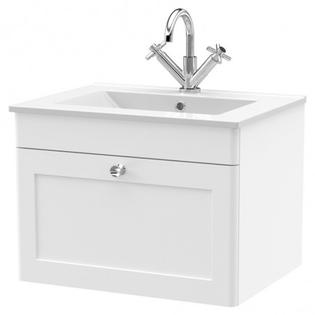 Classique 600mm Wall Hung 1 Drawer Vanity with Basin - 1 Tap Hole - Satin White