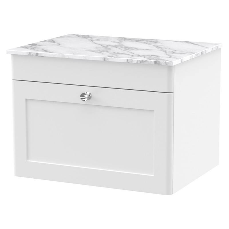 Classique 600mm Wall Hung 1 Drawer Vanity with Marble Top - Satin White