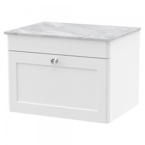 Classique 600mm Wall Hung 1 Drawer Vanity with Marble Top - Satin White