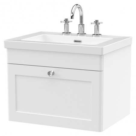 Classique 600mm Wall Hung 1 Drawer Vanity with Basin - 3 Tap Hole - Satin White