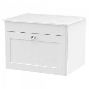 Classique 600mm Wall Hung 1 Drawer Vanity with Marble Top - Satin White