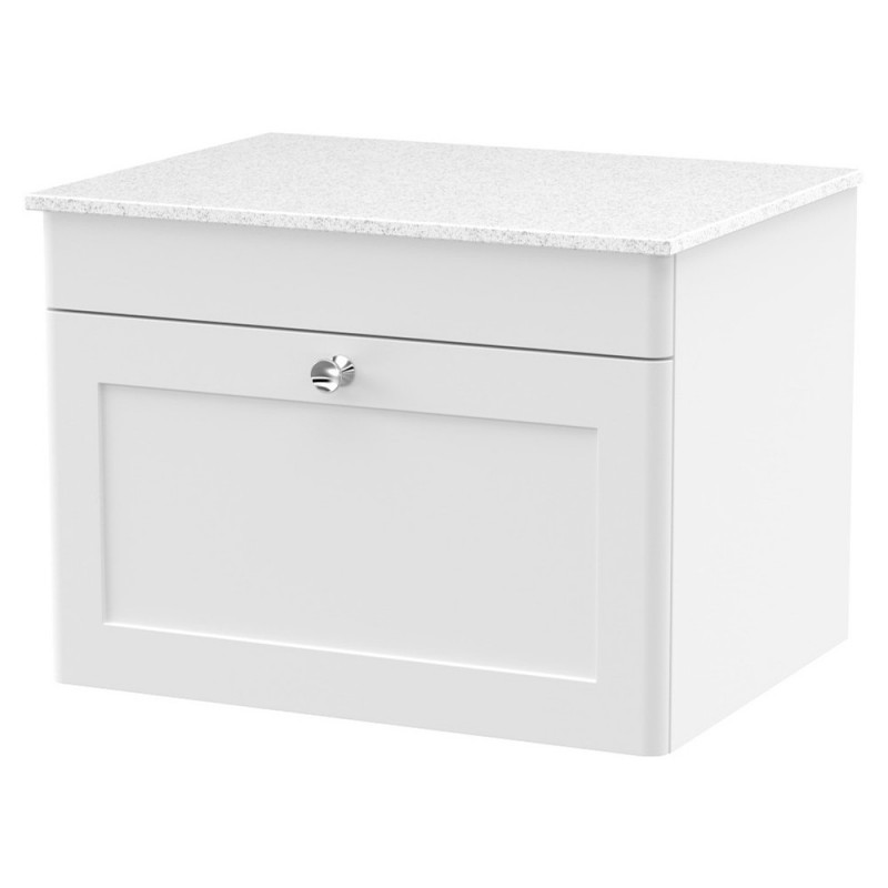 Classique 600mm Wall Hung 1 Drawer Vanity with Marble Top - Satin White