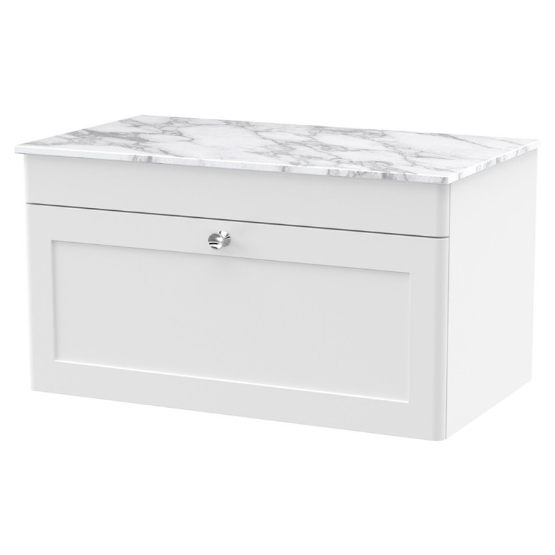 Classique 800mm Wall Hung 2 Door Vanity with Marble Top - Satin White