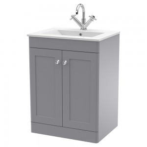 Classique 600mm Freestanding 2 Door Vanity with Basin - 1 Tap Hole - Satin Grey