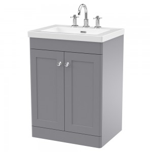 Classique 600mm Freestanding 2 Door Vanity with Basin - 3 Tap Hole - Satin Grey