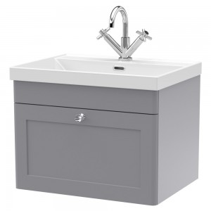 Classique 600mm Wall Hung 1 Drawer Vanity with Basin - 1 Tap Hole - Satin Grey