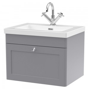 Classique 600mm Wall Hung 1 Drawer Vanity with Basin - 1 Tap Hole - Satin Grey