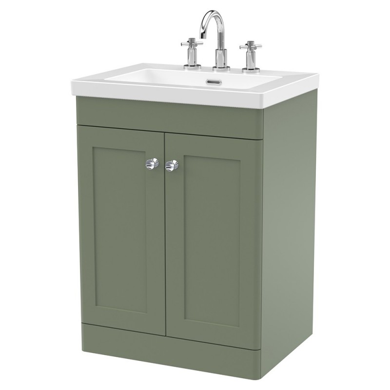 Classique 600mm Freestanding 2 Door Vanity with Basin - 3 Tap Hole - Satin Green