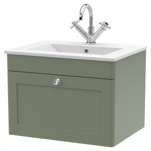 Classique 600mm Wall Hung 1 Drawer Vanity with Basin - 1 Tap Hole - Satin Green