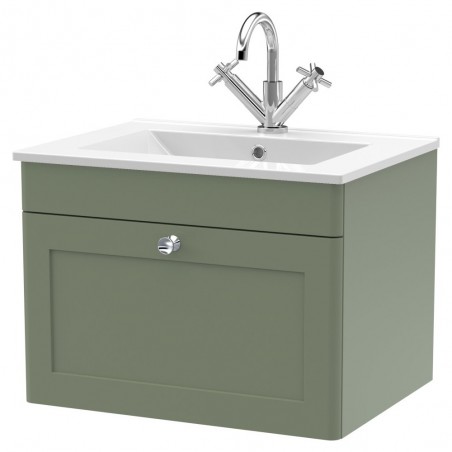 Classique 600mm Wall Hung 1 Drawer Vanity with Basin - 1 Tap Hole - Satin Green