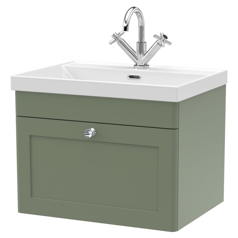 Classique 600mm Wall Hung 1 Drawer Vanity with Basin - 1 Tap Hole - Satin Green