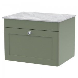 Classique 600mm Wall Hung 1 Drawer Vanity with Marble Top - Satin Green