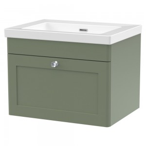 Classique 600mm Wall Hung 1 Drawer Vanity with Basin - 0 Tap Hole - Satin Green