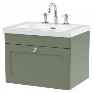 Classique 600mm Wall Hung 1 Drawer Vanity with Basin - 3 Tap Hole - Satin Green