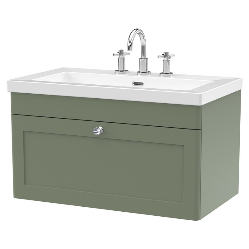 Classique 800mm Wall Hung 2 Door Vanity with Basin - 3 Tap Hole - Satin Green