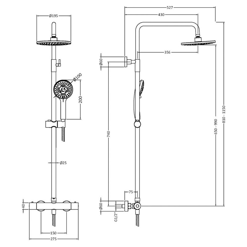 Brushed Bronze Round Thermostatic Bar Valve & Kit - Technical Drawing