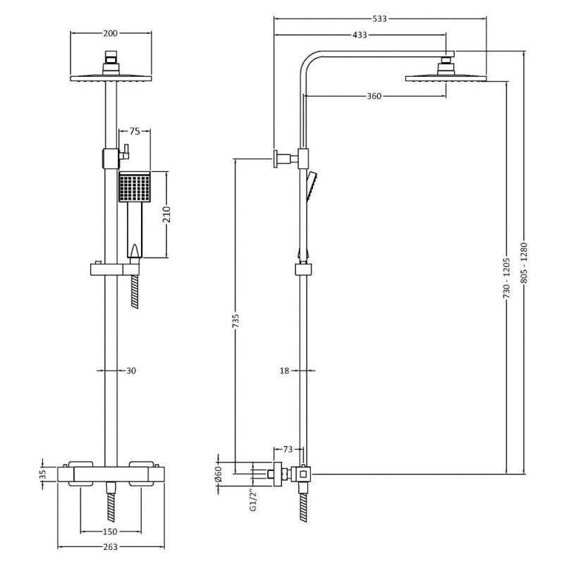 Brushed Bronze Square Thermostatic Bar Valve & Kit - Technical Drawing