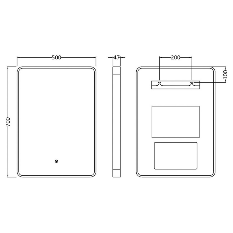 Pictor Black Frame LED Mirror - 700 x 500mm - Technical Drawing