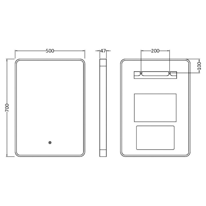 Pictor Polished Chrome Frame LED Mirror - 700 x 500mm - Technical Drawing