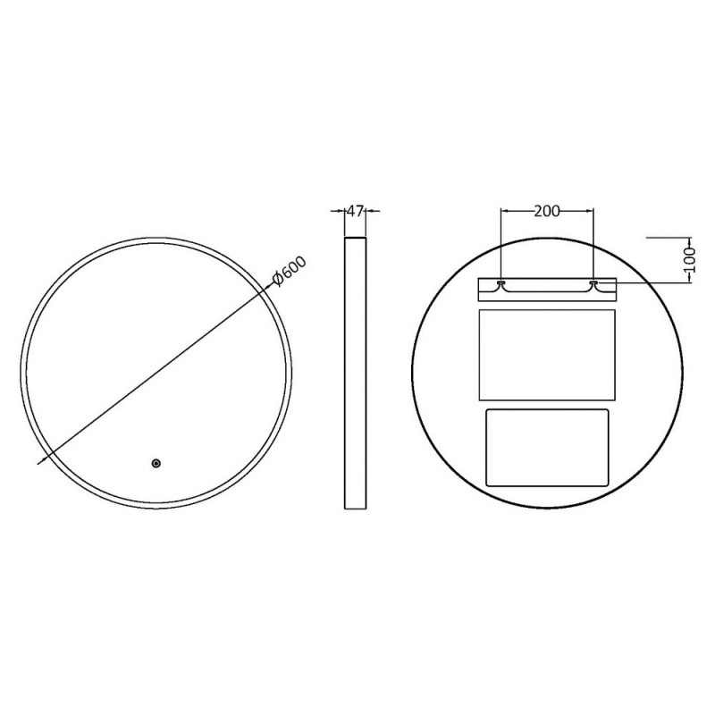 Mensa Black Frame LED Mirror - 600mm - Technical Drawing